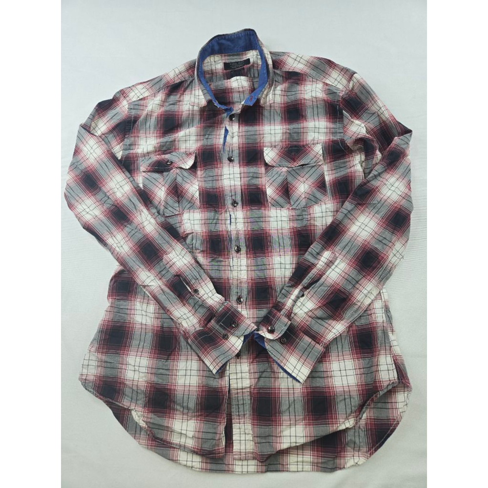 Men's Zara Man L Red Black Plaid Casual Button Down Shirt